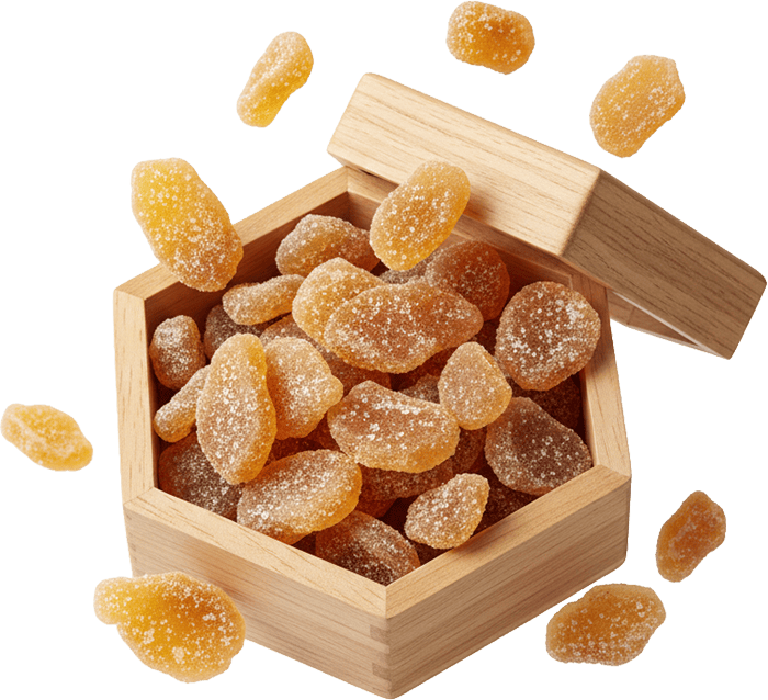 Mứt gừng, kẹo dẻo, hộp gỗ, rơi, thực phẩm, ăn vặt, phủ đường, màu vàng, ginger jam, gummy candy, wooden box, falling, food, snack, sugar coated, yellow