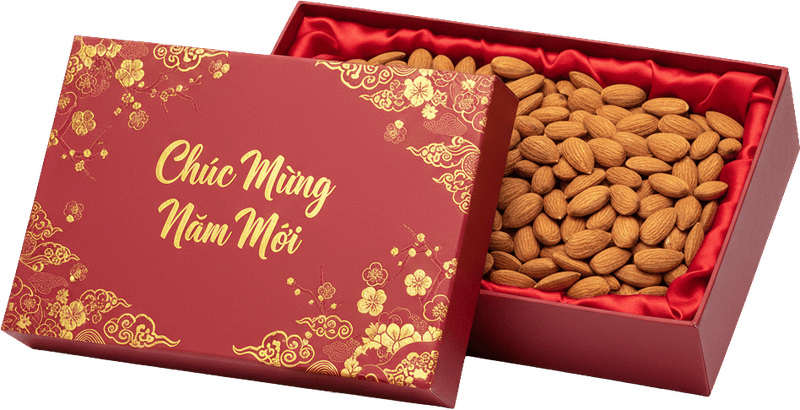 Hạnh nhân, hạt, thực phẩm, hộp quà, chúc mừng năm mới, lót lụa, màu đỏ, tết nguyên đán, hoa mai, almond, nut, food, gift box, happy new year, silk lining, red, lunar new year, apricot blossom