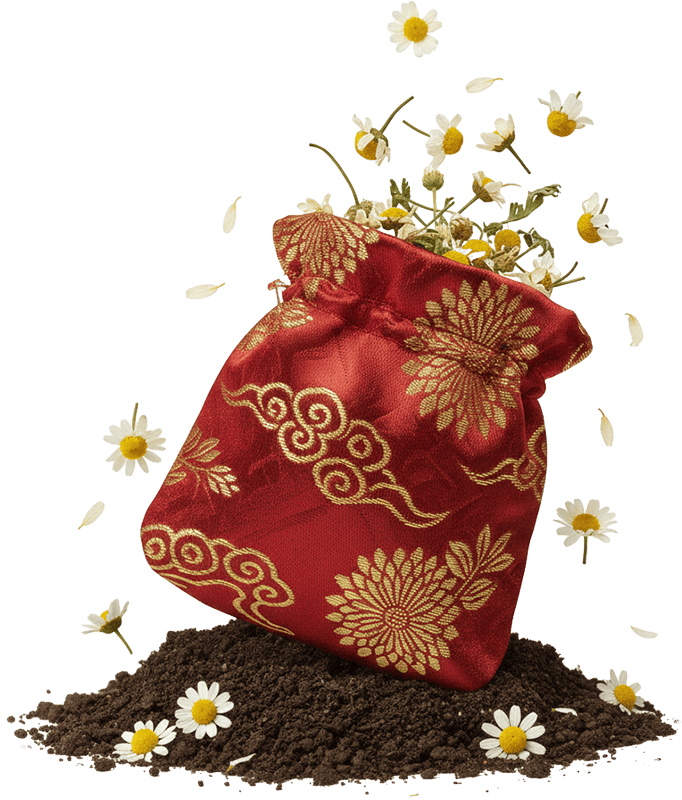 Hoa cúc khô, túi gấm đỏ, đống đất, thảo mộc, trà hoa, tết, trang trí, Chamomile bag, dried chamomile, red silk bag, soil pile, herbal, flower tea, lunar new year, decoration