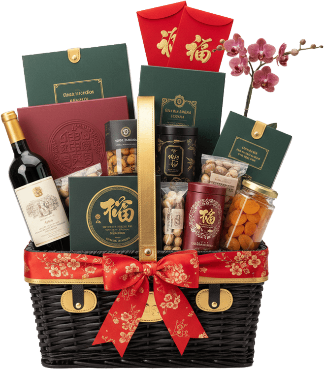 Giỏ quà tết sang trọng, rượu vang, hộp quà xanh lá, hoa lan, bao lì xì, nơ đỏ, giỏ mây đen, quà biếu, luxury tet gift basket, wine, green gift boxes, orchid, red envelopes, red ribbon, black wicker basket, present