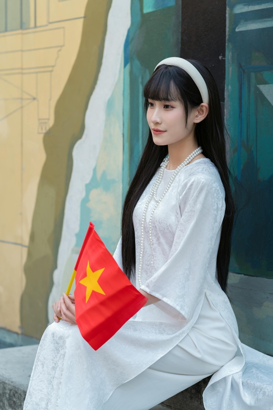 Ái dài, con gái, girl, lá cờ Viêt Nam, nón lá, truyền thống, tết, xuân, spring, Việt Nam, Hà Nội, Phố cổ - lVu image 13