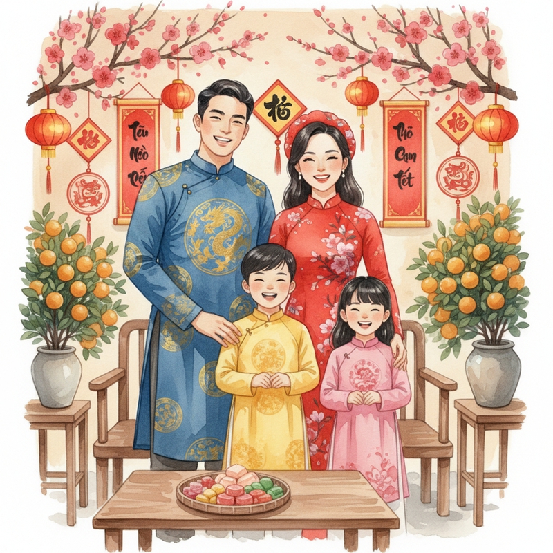 Một gia đình mặc áo dài truyền thống tươi cười trước không...