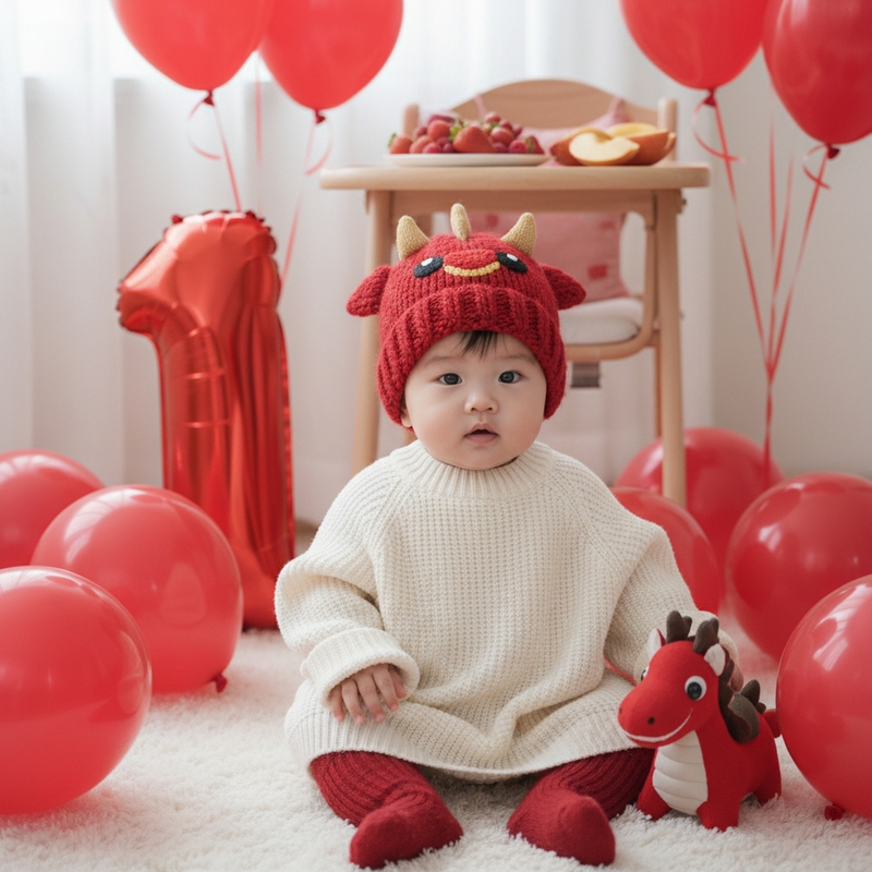 Em bé sinh nhật tuổi rồng
Mũ len đỏ 
áo len trắng dài quá đầu...