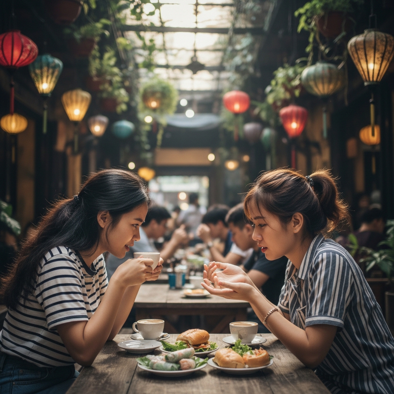 hai người bạn châu á ngồi lắng nghe tâm sự của nhau . Với đặc...