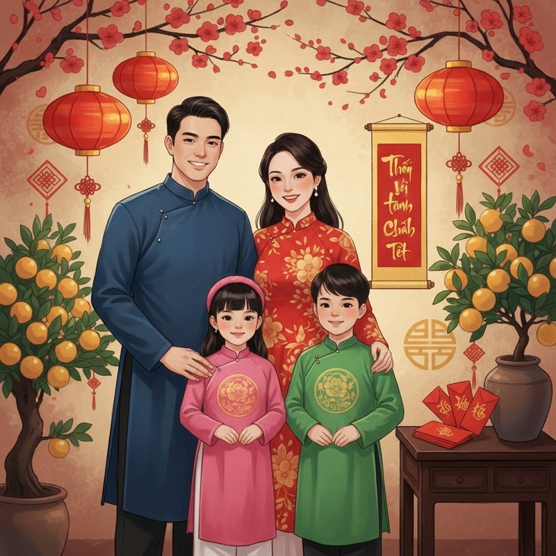 Một gia đình mặc áo dài truyền thống tươi cười trước không...