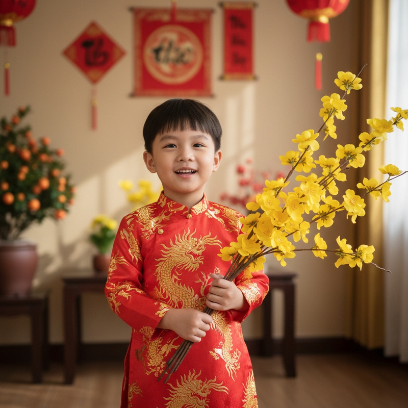 Bé trai mặc áo dài đỏ, tay cầm hoa mai. . Với đặc điểm phong cách...