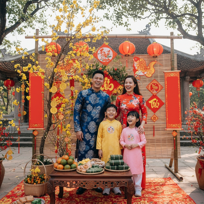 Một gia đình mặc áo dài truyền thống tươi cười trước không...
