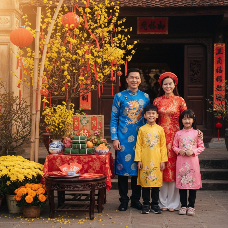 Một gia đình mặc áo dài truyền thống tươi cười trước không...