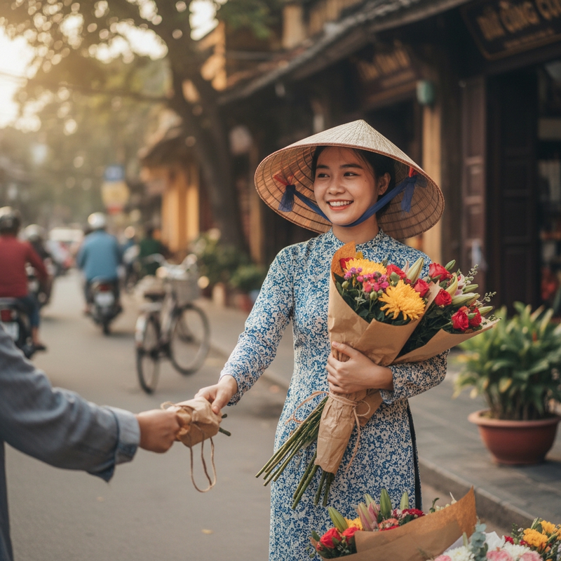 hãy tạo cho tôi bức ảnh cô gái bán hoa . Với đặc điểm phong cách...
