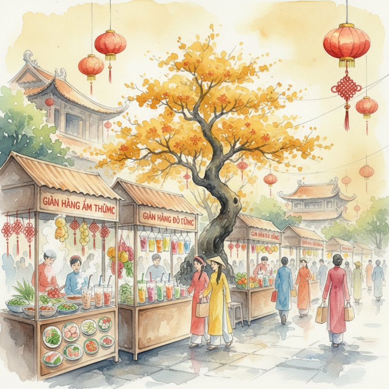 tạo 1 bức ảnh Hội chợ xuân có cắc hoạt động: Gian hàng ẩm...
