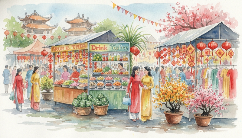 Tạo 1 bức ảnh Hội chợ xuân có các hoạt động: Gian hàng ẩm...