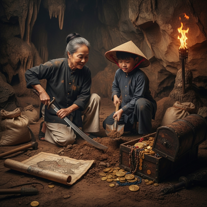 Trong hang động.dưới ánh đuốc, bà và cháu ăn mặc cổ trang ,...