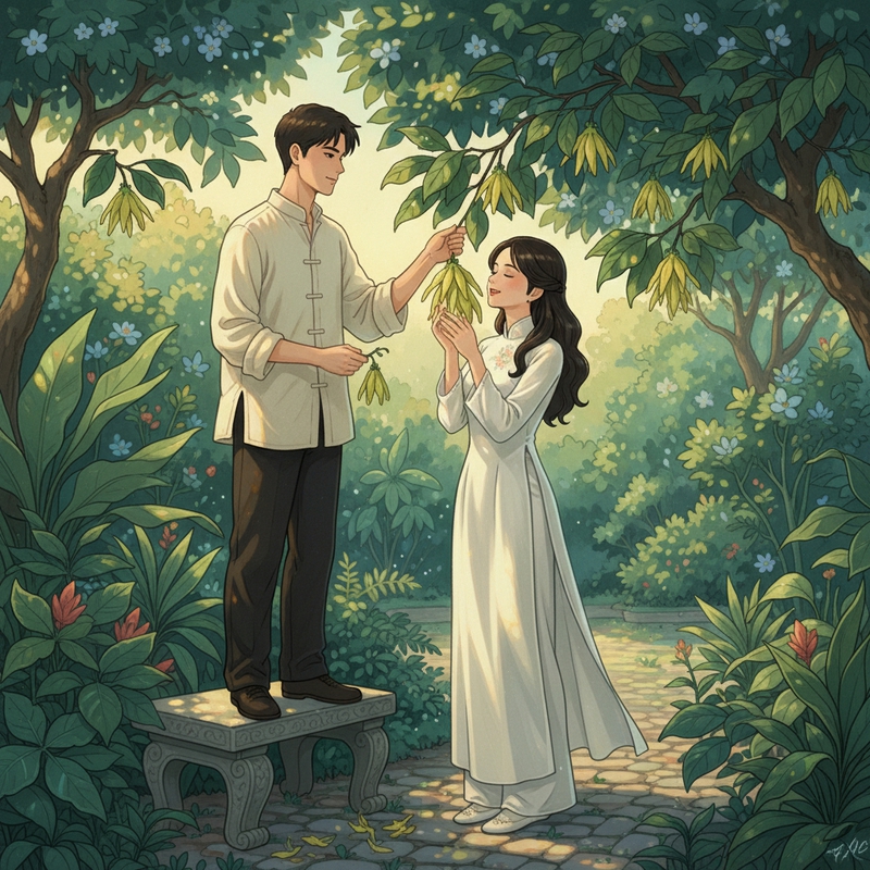 Prompt: A romantic and poetic scene of a young Vietnamese couple in the 1940s. The...