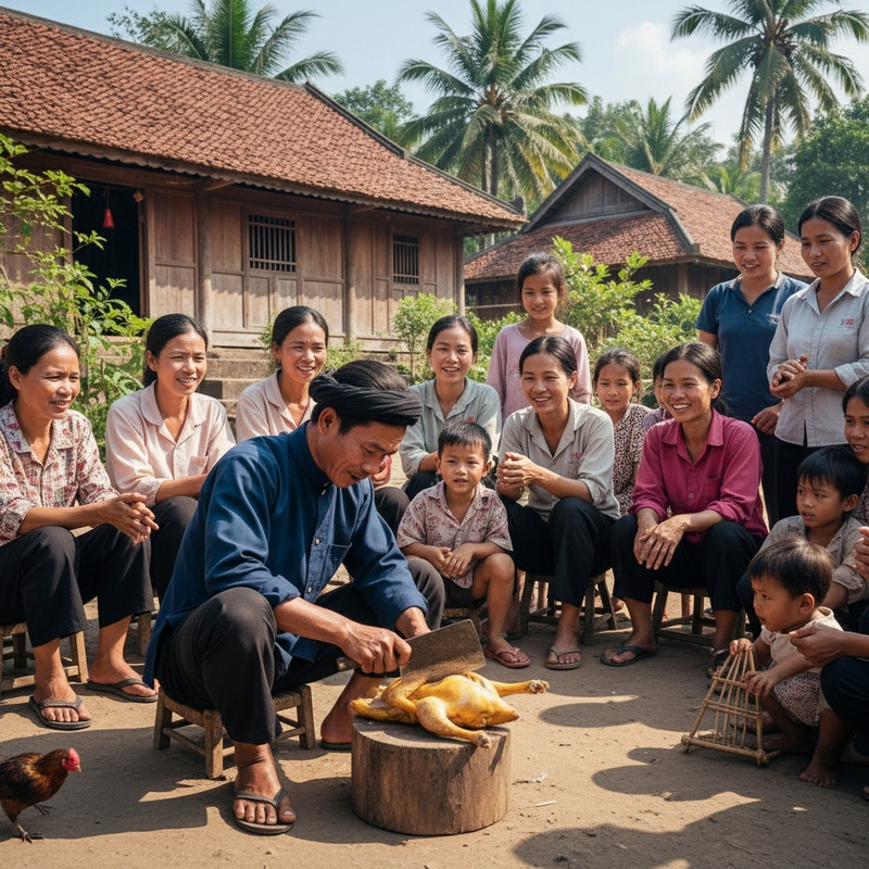 Hình ảnh một người chặt gà xung quanh có cây cối nhà cửa và...