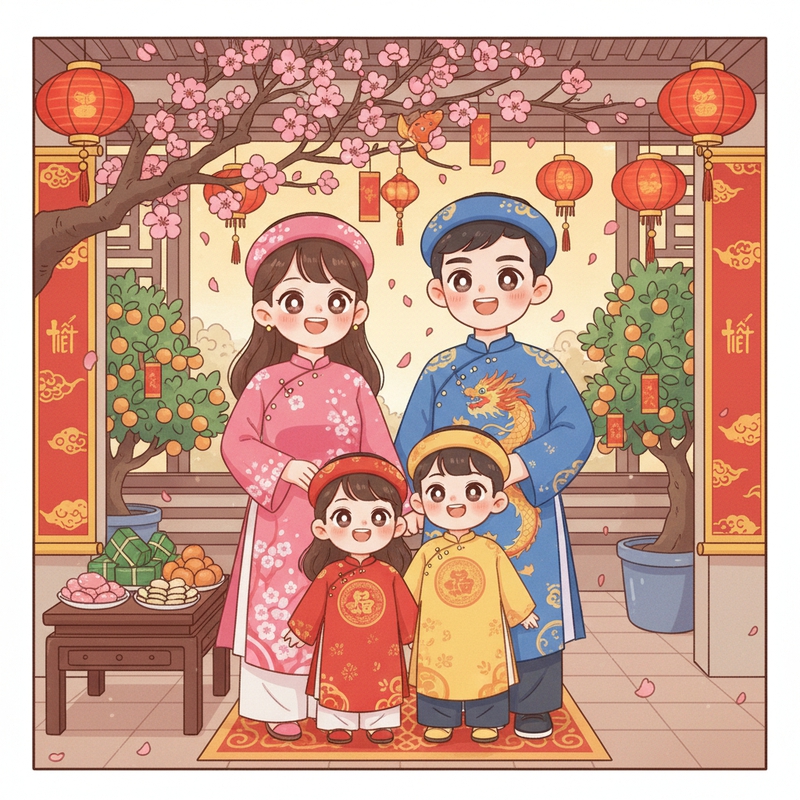 Một gia đình mặc áo dài truyền thống tươi cười trước không...
