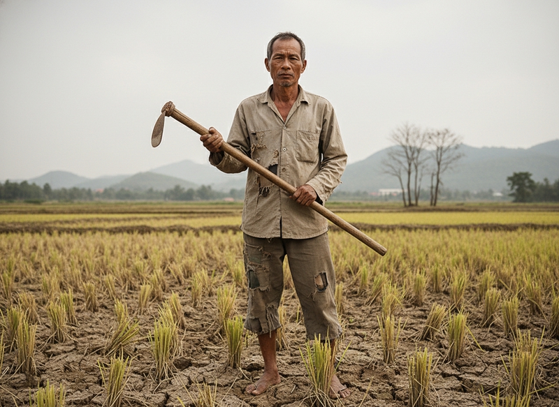 một người nông dân quần áo rách rới đang cầm cuốc đứng trên...