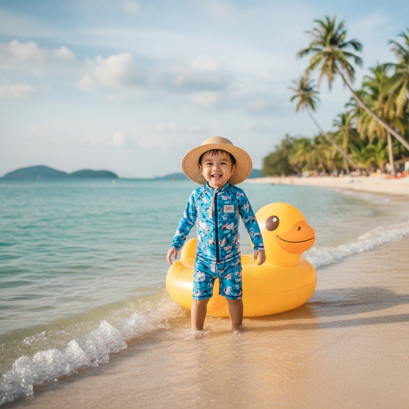 trẻ nhỏ mặc đồi bơi . Với đặc điểm phong cách thực tế ....