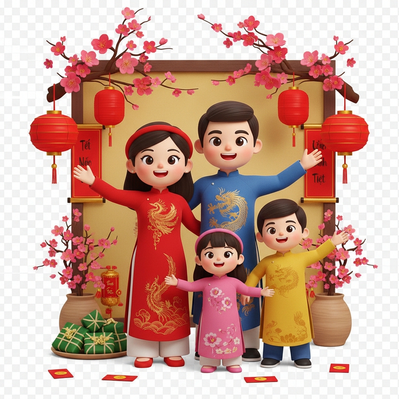 Một gia đình mặc áo dài truyền thống tươi cười trước không...