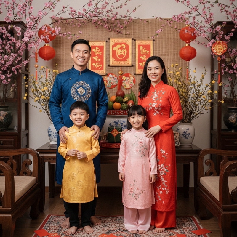 Một gia đình mặc áo dài truyền thống tươi cười trước không...
