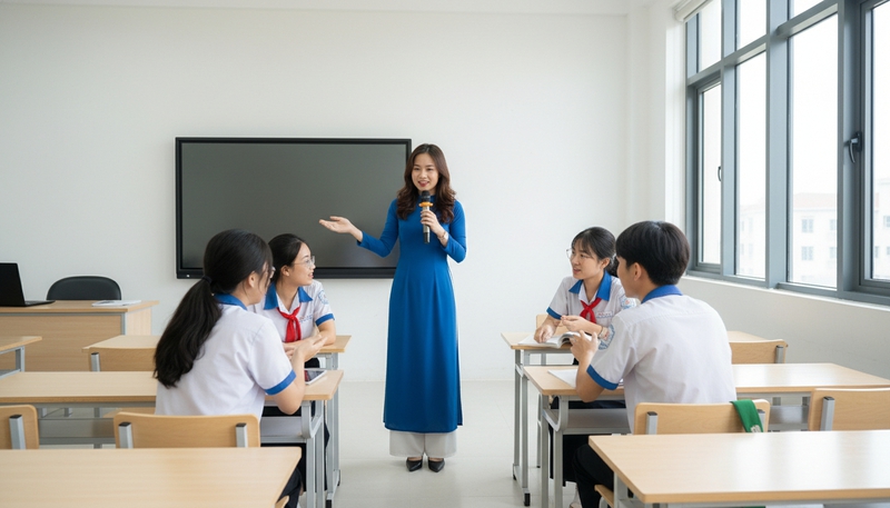 Cảnh lớp học hiện đại trong trường trung học, có bảng đen...