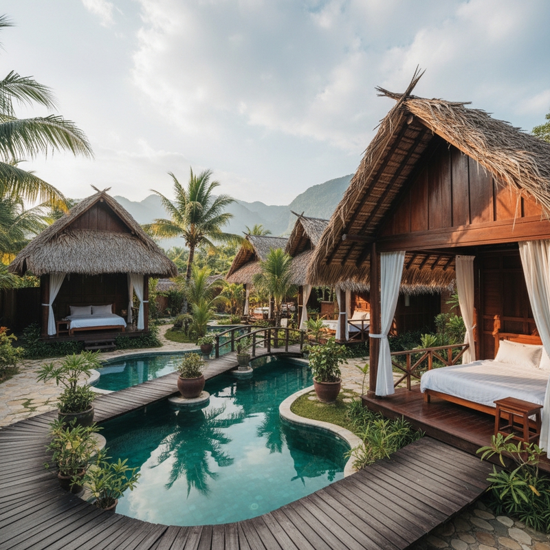 tạo 1 resort mini với bể bơi và căn nhà mái lá với tông màu gỗ ....
