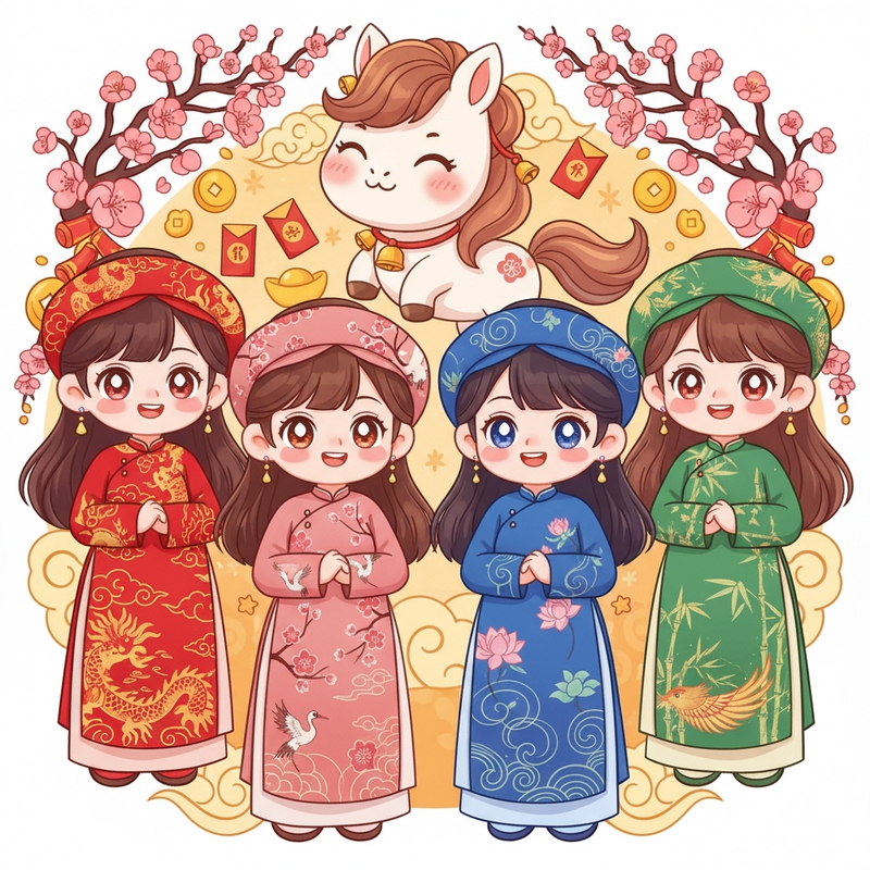 4 nhân vật nữ chibi, nhóm nữ F4, Tết Nguyên Đán 2026 – Năm Ngựa,...