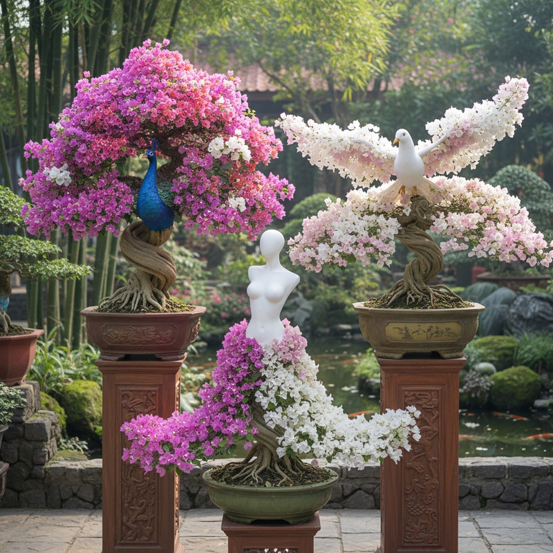 Tạo nhiều bức ảnh Bonsai bông giấy như hình con công hình thân...
