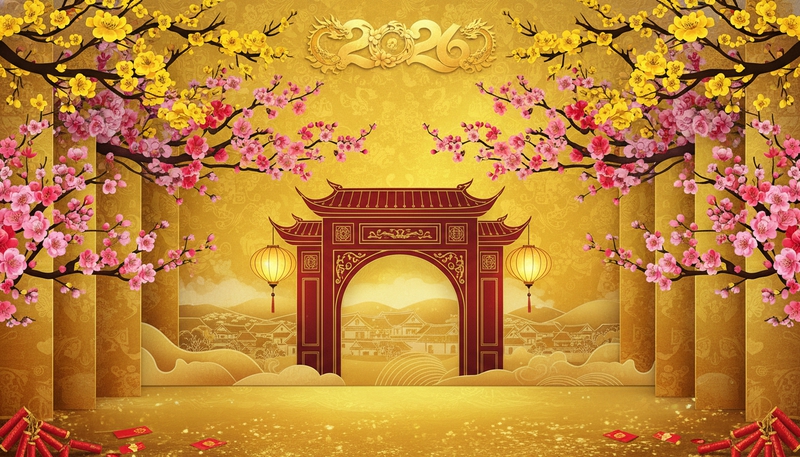 tạo phông sân khấu chủ đề tết 2026. màu vàng chủ đạo. có hoa...