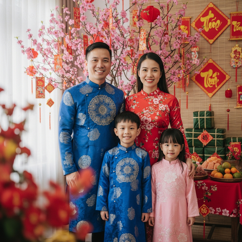 Một gia đình mặc áo dài truyền thống tươi cười trước không...