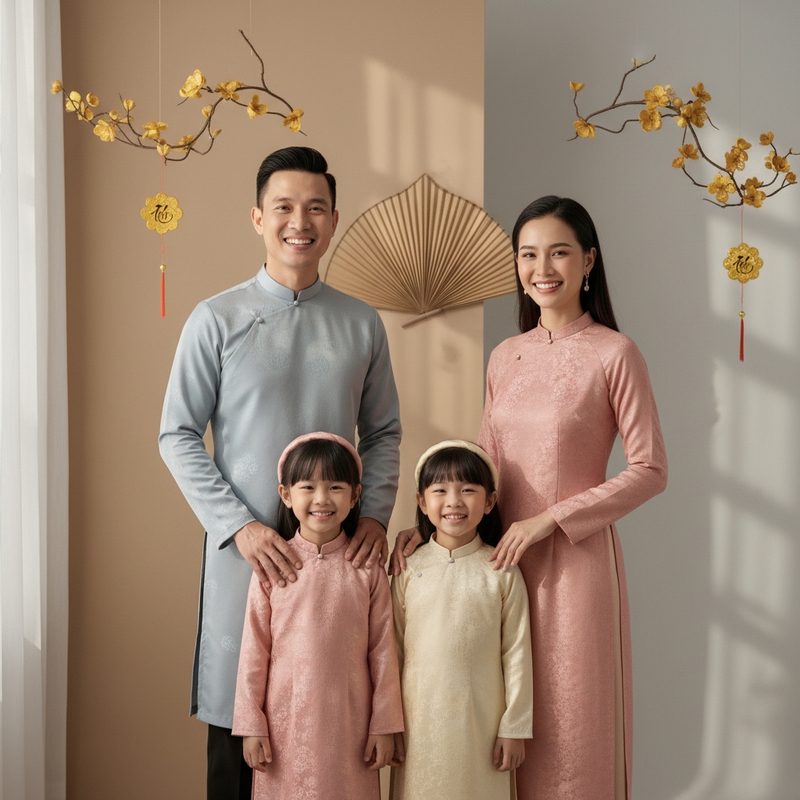 Một gia đình mặc áo dài truyền thống tươi cười trước không...