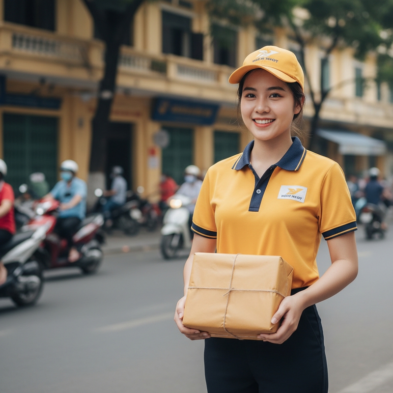 một cô gái mặc áo vàng đồng phục của vnpost đang cầm trên tay...