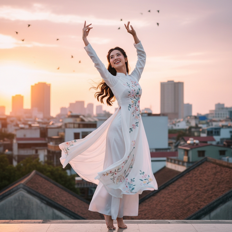 tạo ảnh 1 cố gái xinh đẹp đang nhảy múa . Với đặc điểm phong...