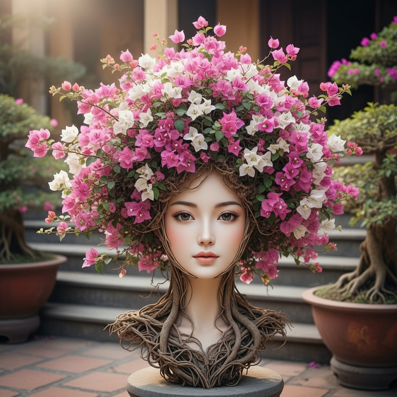 Tạo một bức ảnh Bonsai bông giấy như mái tóc của một cô gái và...