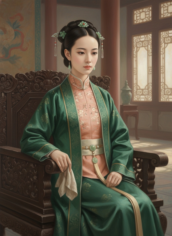 A 14-year-old Qing Dynasty noble girl seated gracefully on a carved wooden chair...