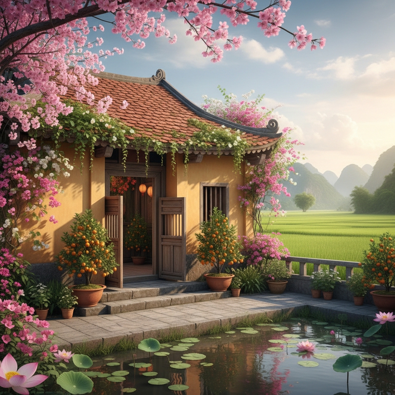 Tạo một hình ảnh xuân có mái nhà . Với đặc điểm phong cách...