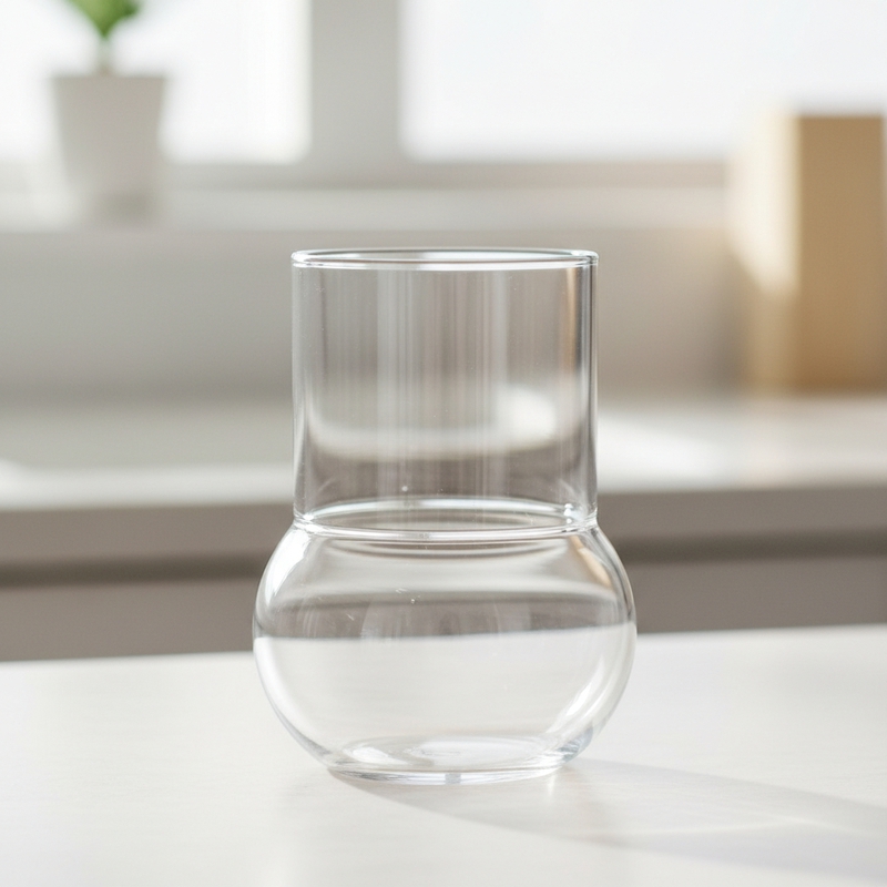Một cốc thủy tinh 300ml, lùn, đáy tròn phình ra chút. Từ phần...