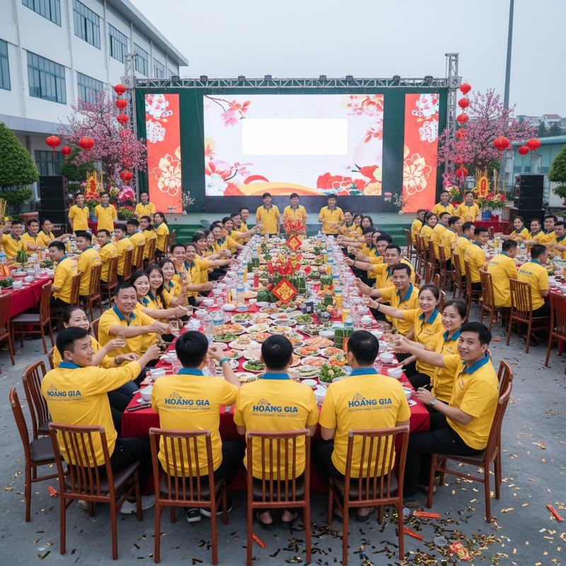 một tập thể mặc đồng phục màu vàng của công ty gạch men hoàng...