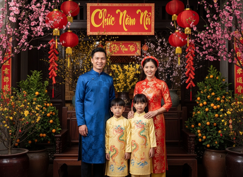 Một gia đình mặc áo dài truyền thống tươi cười trước không...