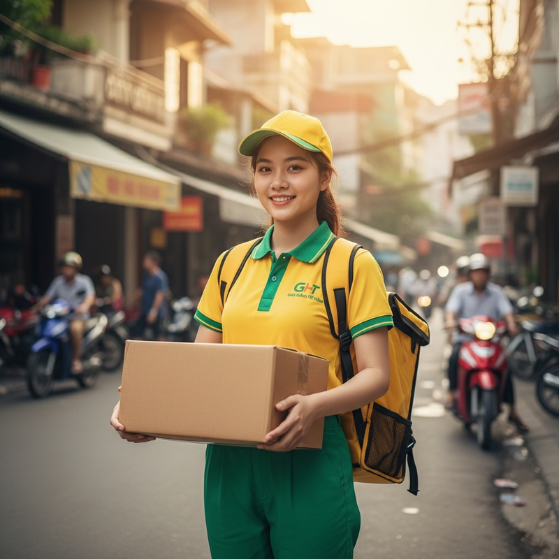 một cô gái mặc áo vàng đồng phục của Giao hàng tiết kiệm đang...