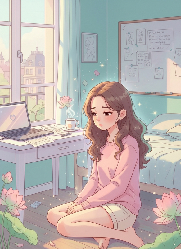 cô gái trẻ thất nghiệp, ngồi trên bàn làm việc của phòng ngủ,...