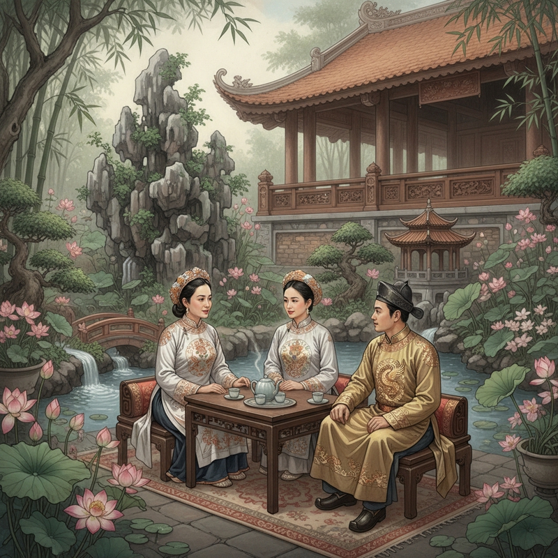 Cảnh xưa phong cách  cung đình..bên bàn trà ,trong hoa viên đẹp có...