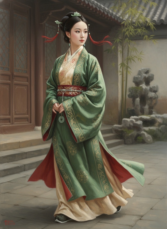 A 14-year-old Qing Dynasty noble girl captured in a graceful mid-motion pose,...