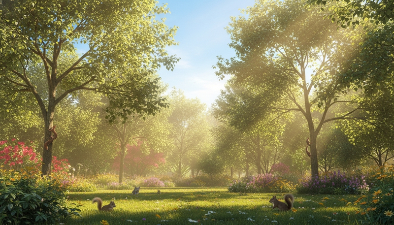 "Create a serene and peaceful garden scene with vibrant greenery, colorful...