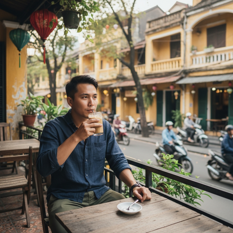 Tạo ảnh 1 chàng trai đang ngồi uống cà phê . Với đặc điểm phong...