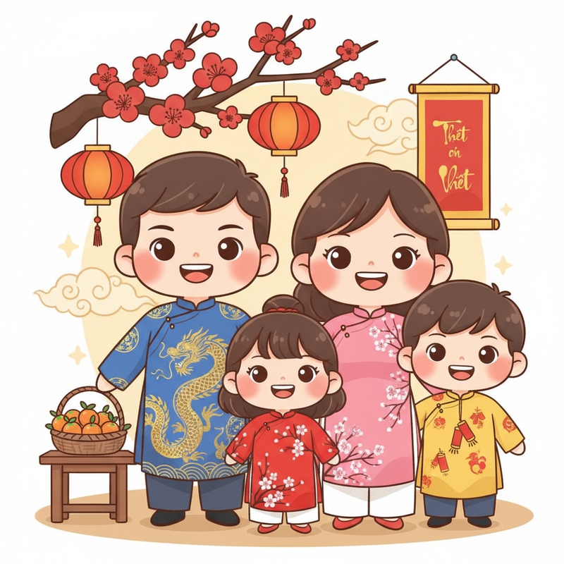 Một gia đình mặc áo dài truyền thống tươi cười trước không...