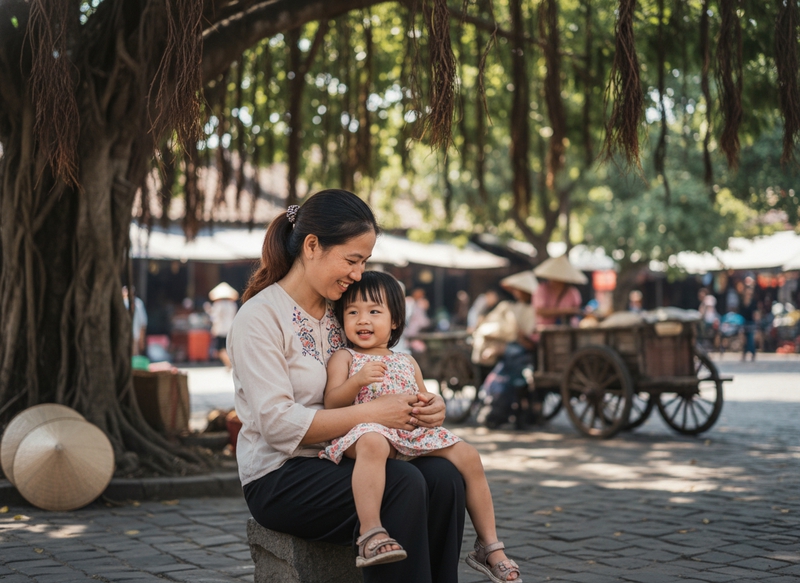 1 bé gái ngồi trên người mẹ . Với đặc điểm phong cách thực...