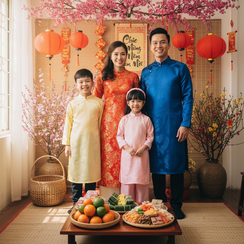 Một gia đình mặc áo dài truyền thống tươi cười trước không...