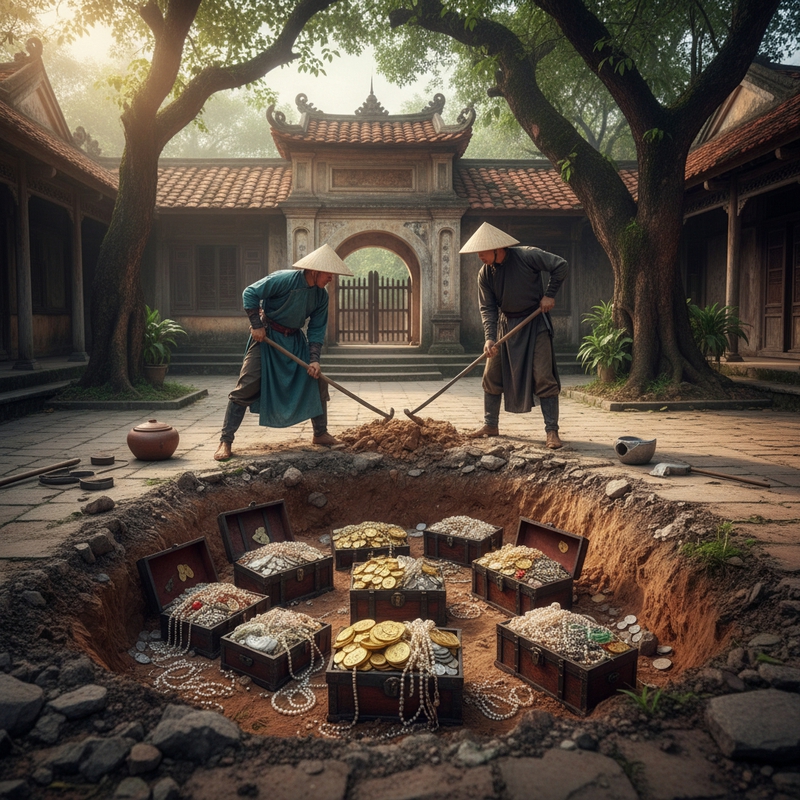trong phủ Ngụy Quốc Công có kho tàng ,2 chàng kiếm sỹ dùng sẻng...