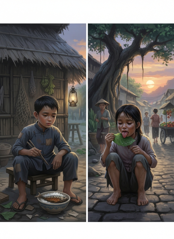 tạo hình ảnh minh họa cho câu ca dao sau:
"Mồ côi cha ăn cơm với...