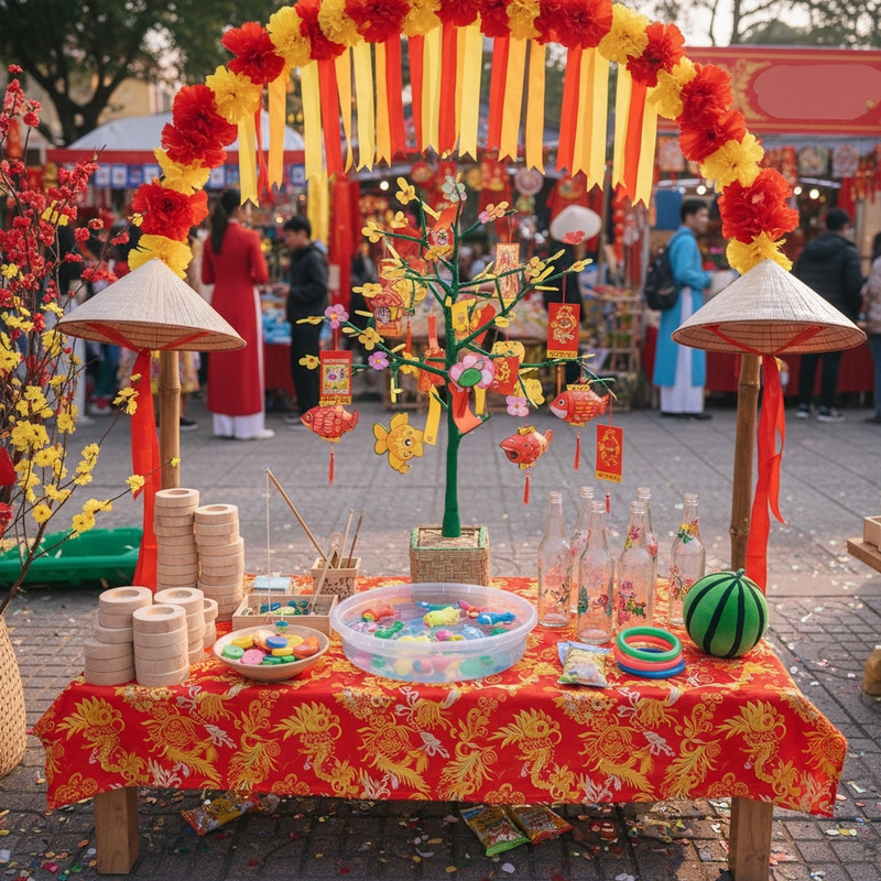 tạo cho tôi 1 ảnh bàn trang trí gian hàng trò chơi (1 bàn dài 1m thui)...
